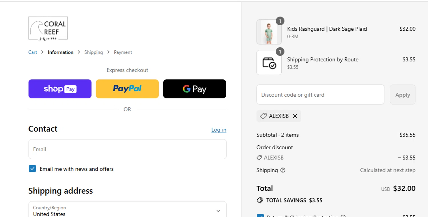 Coral Reef Swim discount code screenshot showing code Alexisb applied at Coral Reef Swim checkout page. Uploaded by SimplyCodes community member yeresojperez on Jul 28, 2025