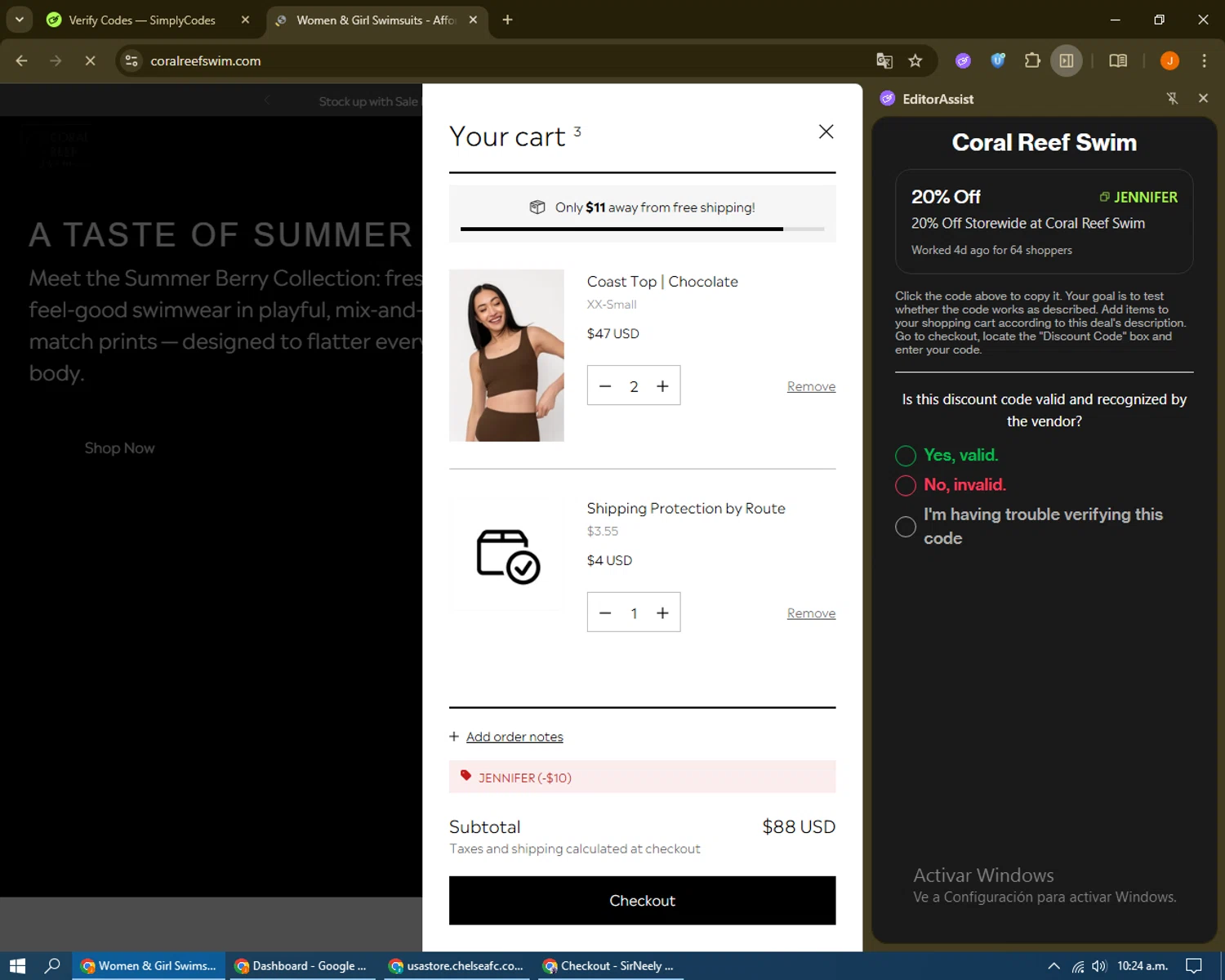 Coral Reef Swim discount code screenshot showing code JENNIFER applied at Coral Reef Swim checkout page. Uploaded by SimplyCodes community member sayguanipa on Aug 28, 2025