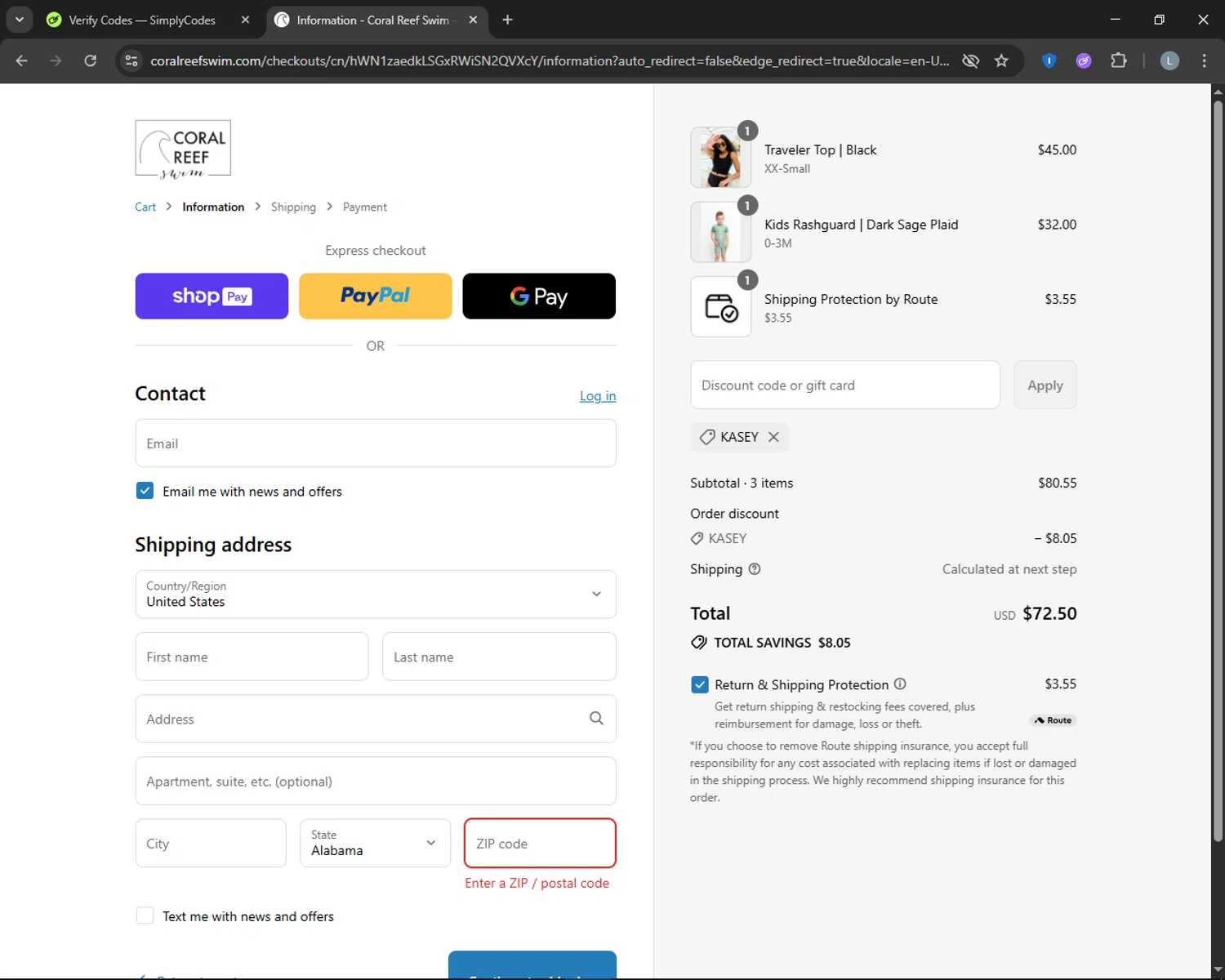 Coral Reef Swim discount code screenshot showing code KASEY applied at Coral Reef Swim checkout page. Uploaded by SimplyCodes community member CashTracker4266 on Aug 19, 2025