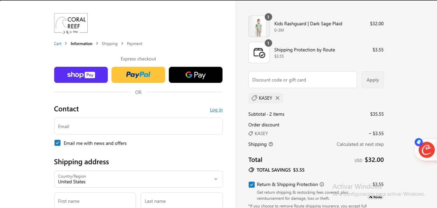 Coral Reef Swim discount code screenshot showing code KASEY applied at Coral Reef Swim checkout page. Uploaded by SimplyCodes community member RewardLynx9164 on Aug 20, 2025