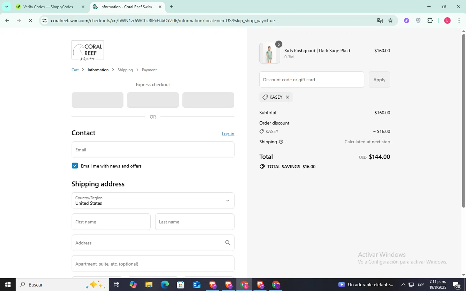 Coral Reef Swim discount code screenshot showing code KASEY applied at Coral Reef Swim checkout page. Uploaded by SimplyCodes community member SilverFox3257 on Aug 19, 2025