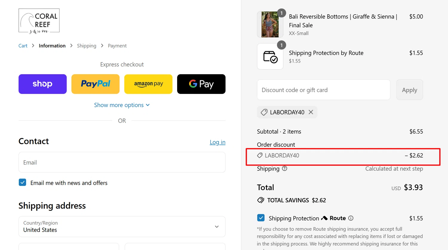 Coral Reef Swim discount code screenshot showing code laborday40 applied at Coral Reef Swim checkout page. Uploaded by SimplyCodes community member jamesalbertstevens on Aug 29, 2025
