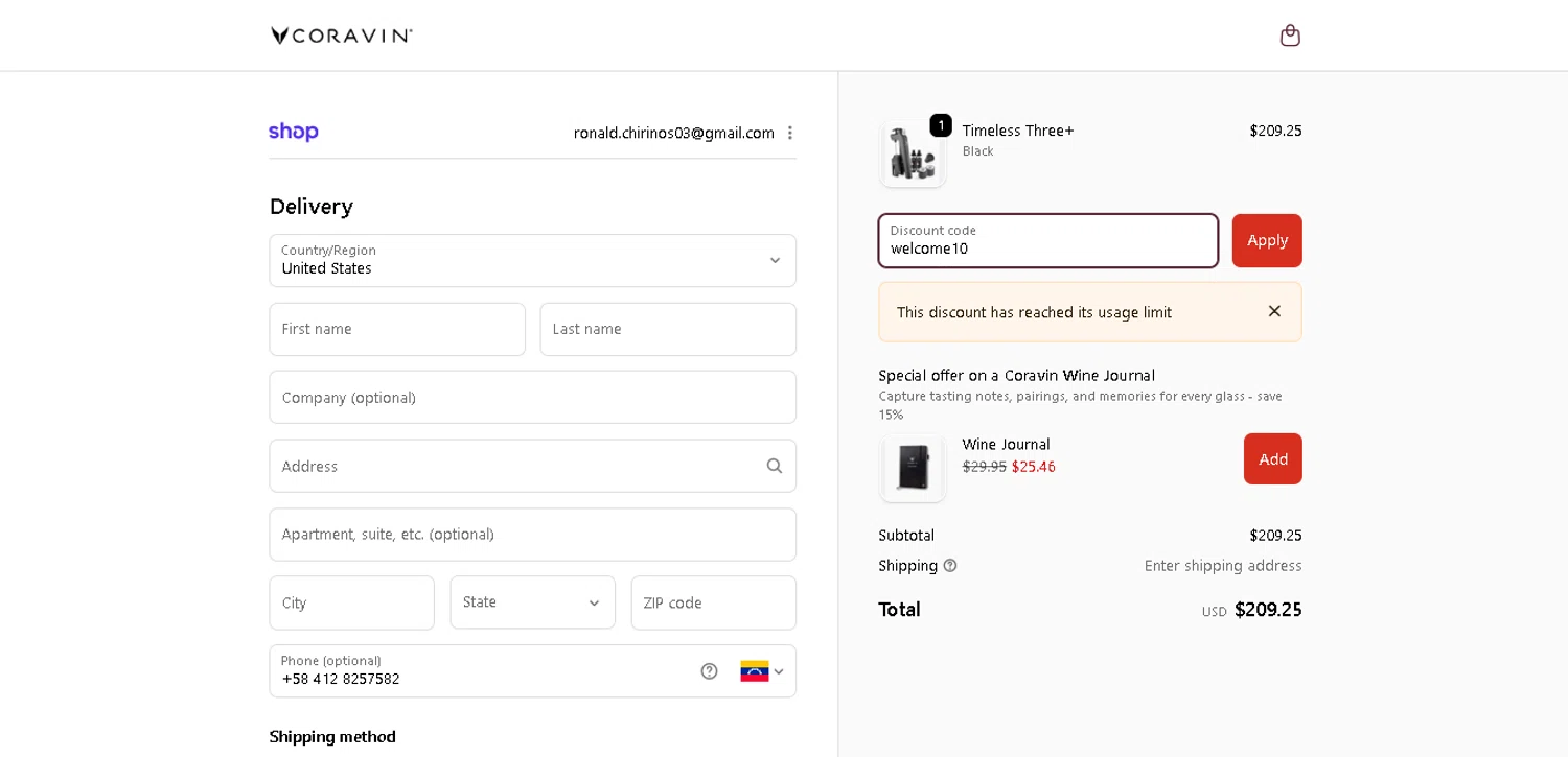 Coravin promo code screenshot showing code welcome10 applied at Coravin checkout page. Uploaded by SimplyCodes community member CleverGenius9882 on Dec 21, 2025