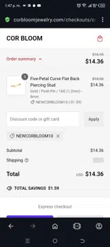 Newcorbloom10 coupon verification screenshot