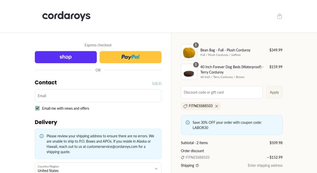 CordaRoys checkout page showing CordaRoys discount code box | Screenshot taken by SimplyCodes community member on Sep 3, 2025