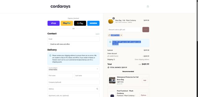 CordaRoys checkout page showing CordaRoys discount code box | Screenshot taken by SimplyCodes community member on Sep 3, 2025