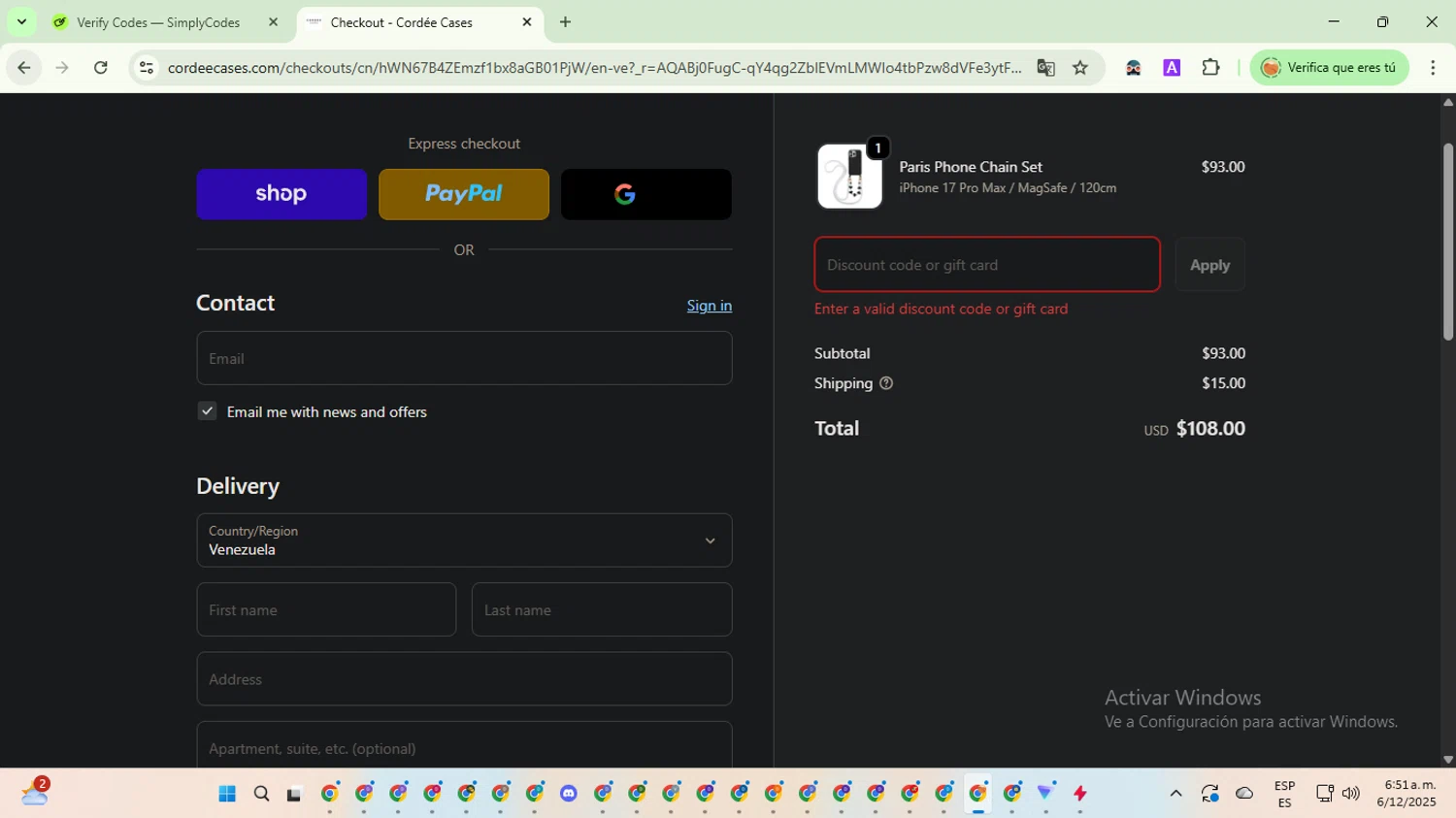 Cordee Cases promo code screenshot showing code SHOP50%OFF applied at Cordee Cases checkout page. Uploaded by SimplyCodes community member TreasureSentinel5290 on Dec 6, 2025