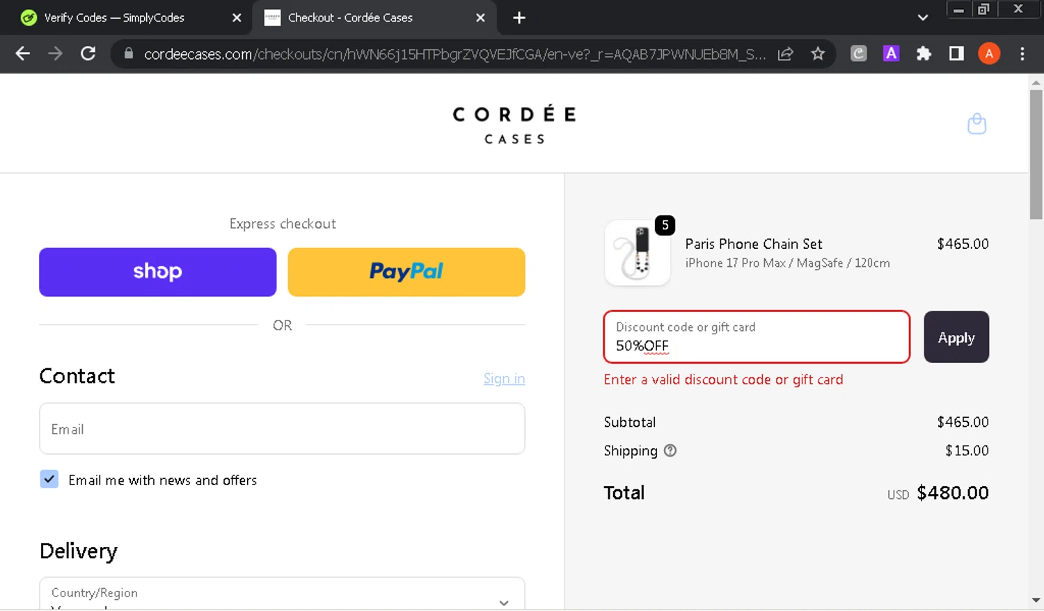 Cordee Cases promo code screenshot showing code 50%OFF applied at Cordee Cases checkout page. Uploaded by SimplyCodes community member GloriousOwl8819 on Dec 6, 2025