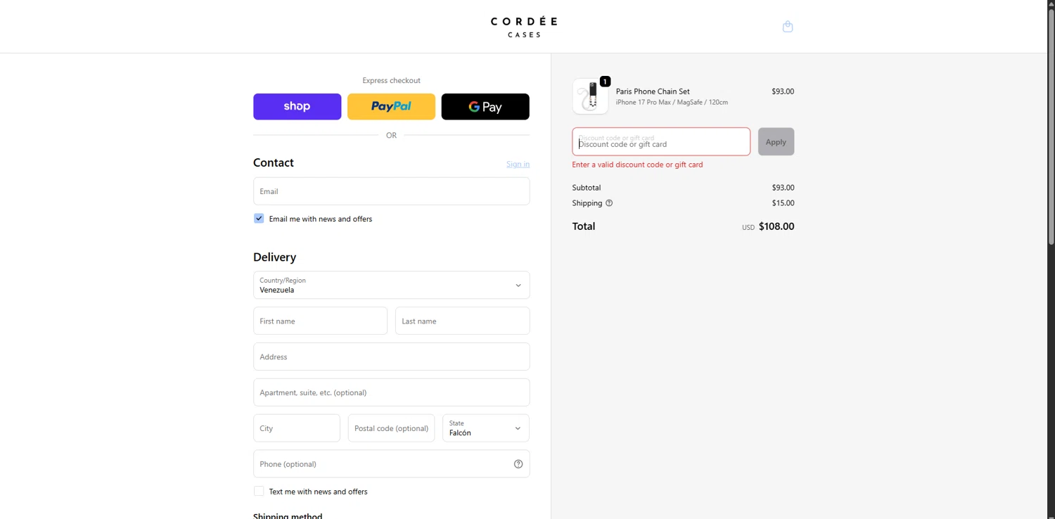 Cordee Cases promo code screenshot showing code 50%OFF applied at Cordee Cases checkout page. Uploaded by SimplyCodes community member ValueGenius9720 on Dec 6, 2025
