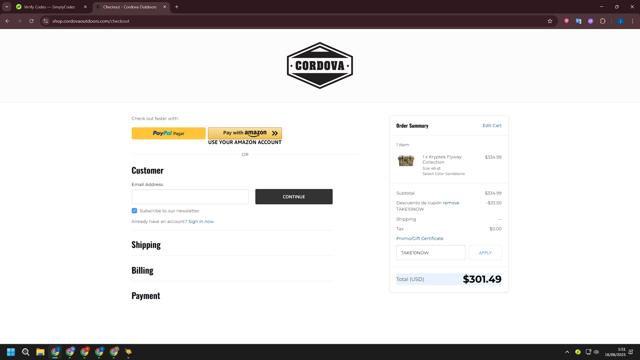 Cordova Outdoors checkout page showing Cordova Outdoors coupon code box | Screenshot taken by SimplyCodes community member on Jun 16, 2025