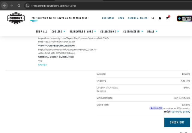 Cordova Outdoors checkout page showing Cordova Outdoors coupon code box | Screenshot taken by SimplyCodes community member on Jul 15, 2025