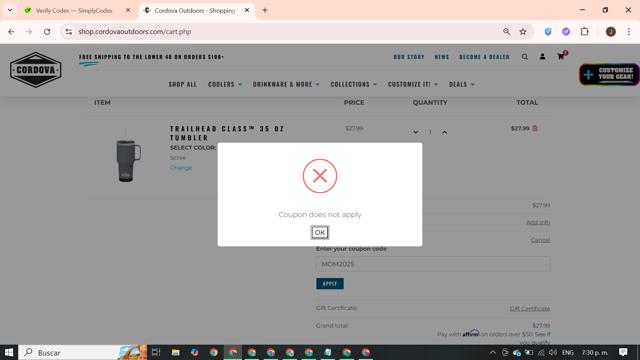Cordova Outdoors checkout page showing Cordova Outdoors coupon code box | Screenshot taken by SimplyCodes community member on Aug 13, 2025