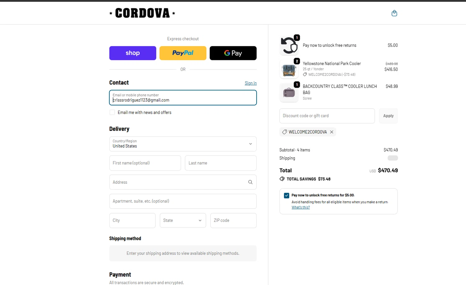 Cordova Outdoors promo code screenshot showing code WELCOME2CORDOVA applied at Cordova Outdoors checkout page. Uploaded by SimplyCodes community member NiceDeals on Jun 10, 2026
