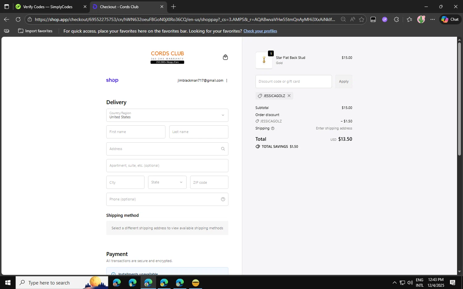 Cords Club discount code screenshot showing code JESSICAGOLZ applied at Cords Club checkout page. Uploaded by SimplyCodes community member Jvllsk1 on Dec 4, 2025
