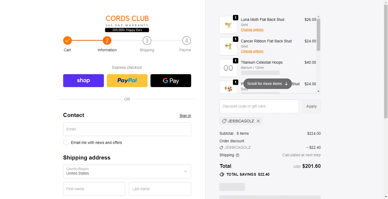 Cords Club discount code screenshot showing code JESSICAGOLZ applied at Cords Club checkout page. Uploaded by SimplyCodes community member PennyOwl696 on Nov 14, 2025