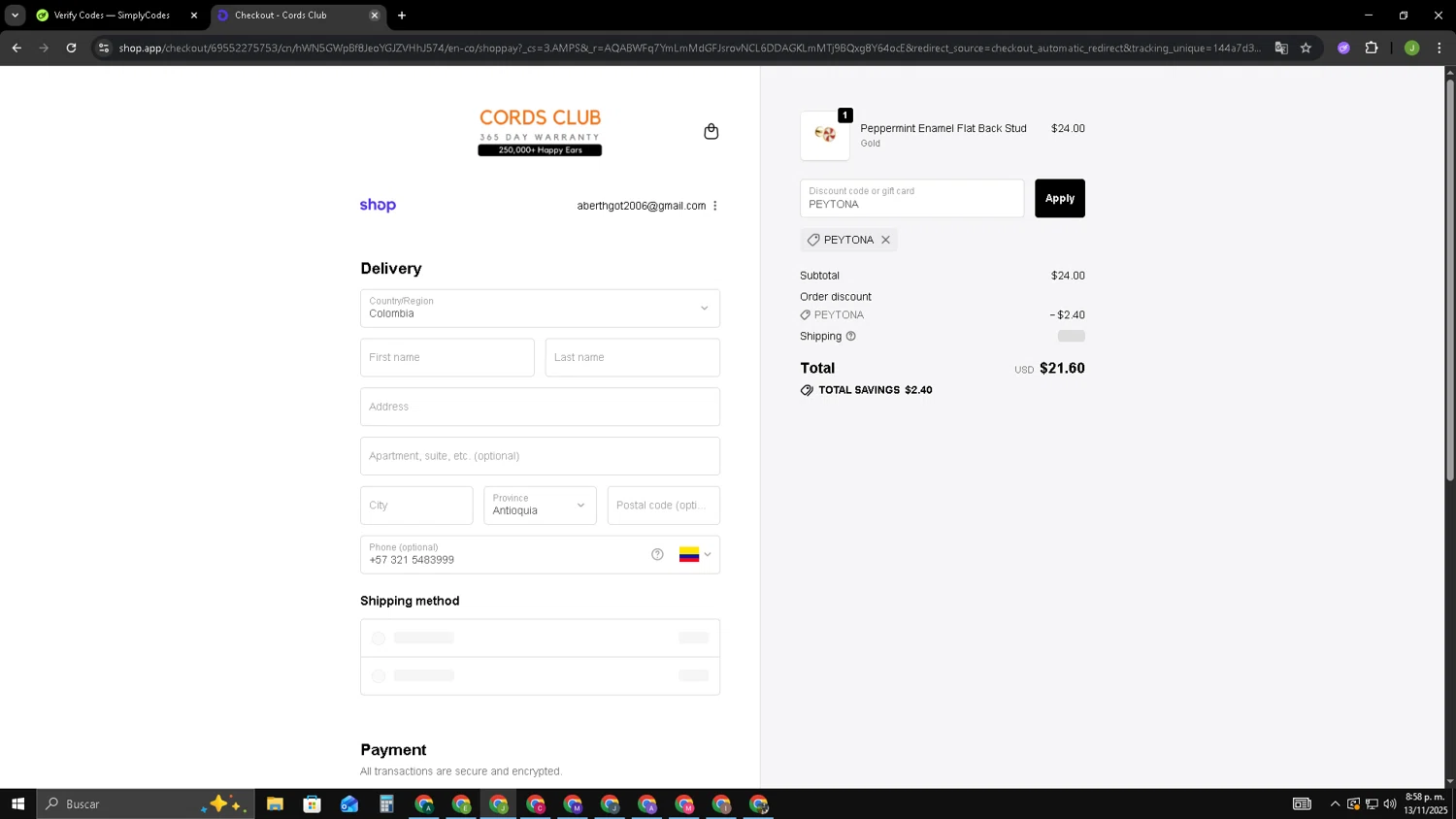 Cords Club discount code screenshot showing code PEYTONA applied at Cords Club checkout page. Uploaded by SimplyCodes community member SAIKOO on Nov 14, 2025