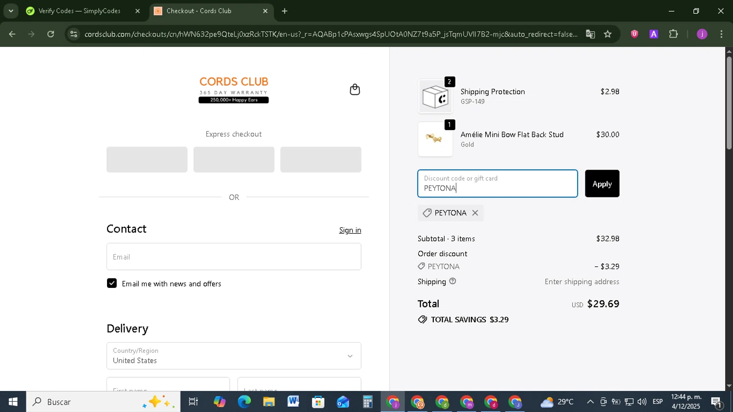Cords Club discount code screenshot showing code PEYTONA applied at Cords Club checkout page. Uploaded by SimplyCodes community member Tazbravo on Dec 4, 2025