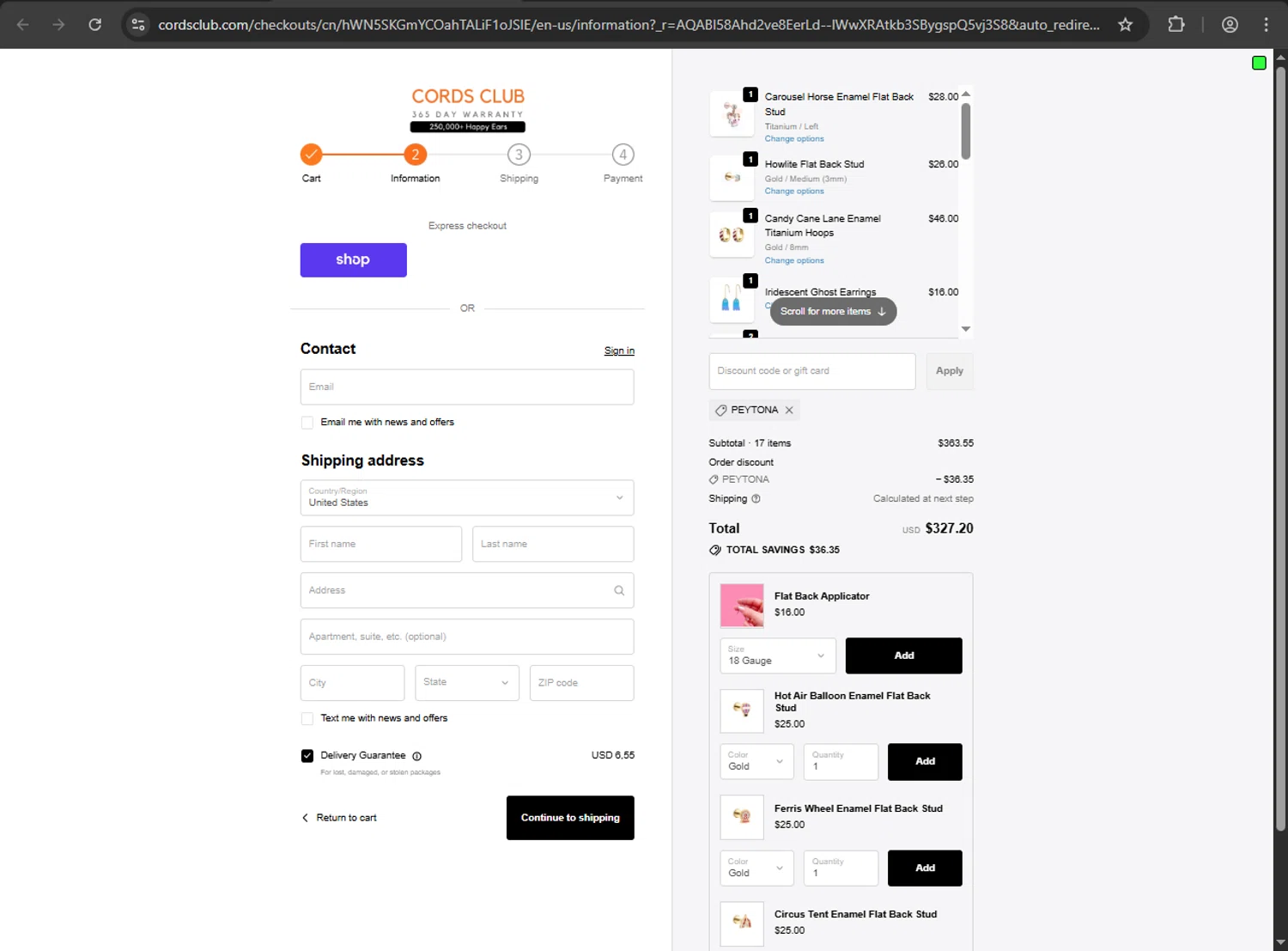 Cords Club discount code screenshot showing code PEYTONA applied at Cords Club checkout page. Uploaded by SimplyCodes community member anthonyramirez1 on Nov 19, 2025