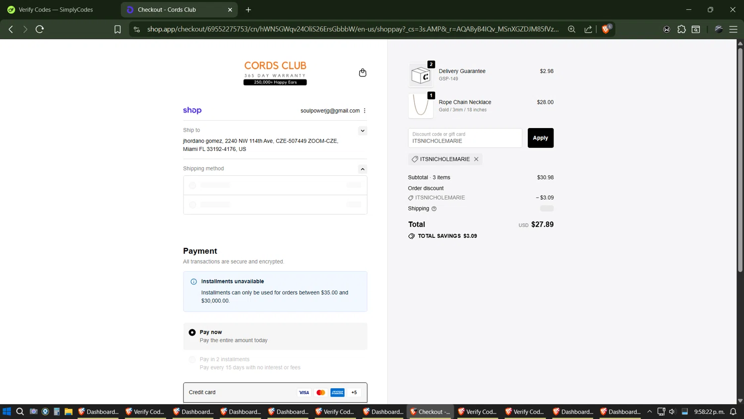 Cords Club discount code screenshot showing code ITSNICHOLEMARIE applied at Cords Club checkout page. Uploaded by SimplyCodes community member Phoenix on Nov 14, 2025