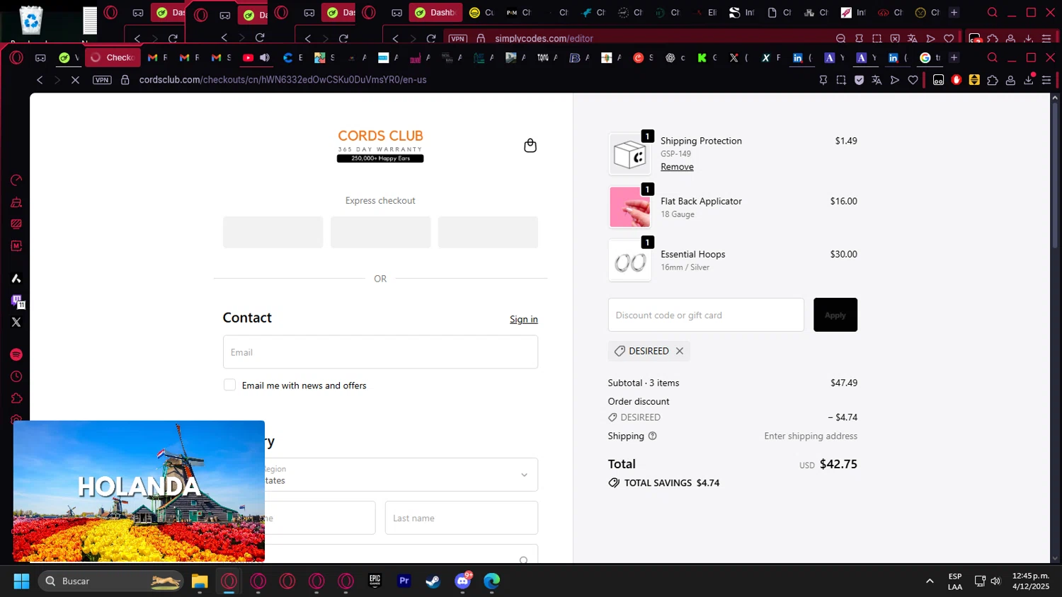 Cords Club discount code screenshot showing code DESIREED applied at Cords Club checkout page. Uploaded by SimplyCodes community member kurcovein on Dec 4, 2025
