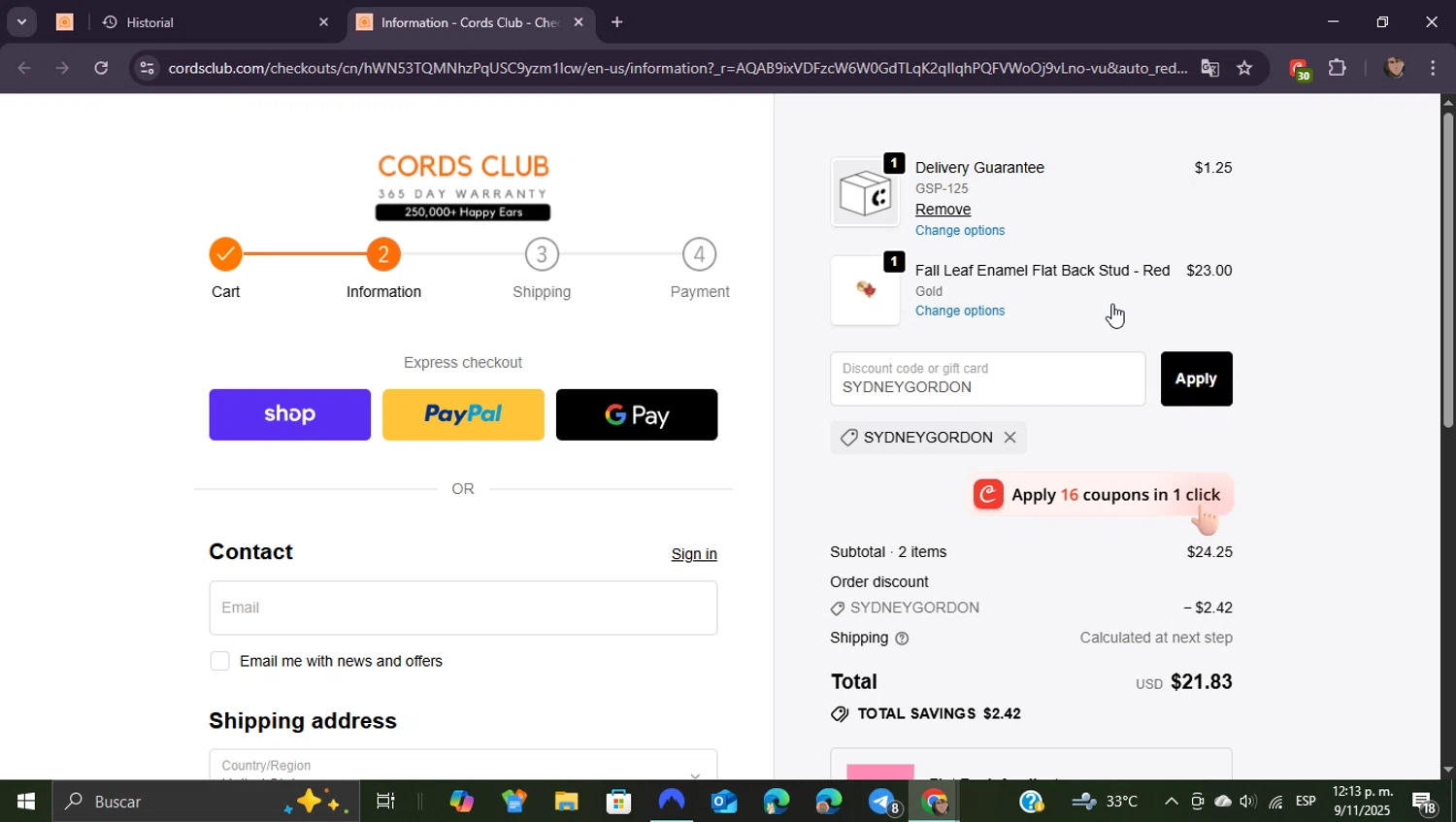 Cords Club discount code screenshot showing code SYDNEYGORDON applied at Cords Club checkout page. Uploaded by SimplyCodes community member ShieldEagle9436 on Nov 9, 2025