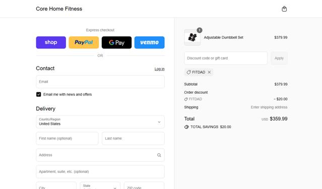 Core Home Fitness checkout page showing Core Home Fitness discount code box | Screenshot taken by SimplyCodes community member on Sep 6, 2025