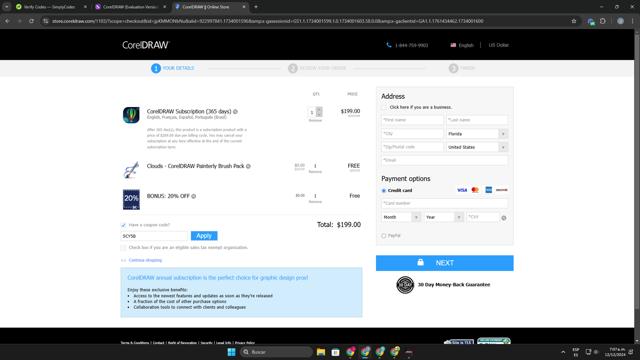 Corel checkout page showing Corel discount code box | Screenshot taken by SimplyCodes community member on Dec 12, 2024