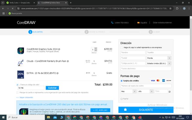 Corel checkout page showing Corel discount code box | Screenshot taken by SimplyCodes community member on Dec 7, 2024