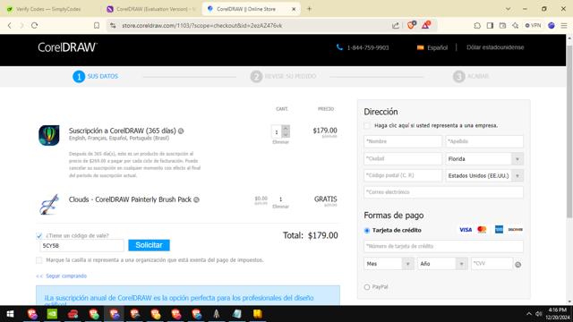 Corel checkout page showing Corel discount code box | Screenshot taken by SimplyCodes community member on Dec 20, 2024