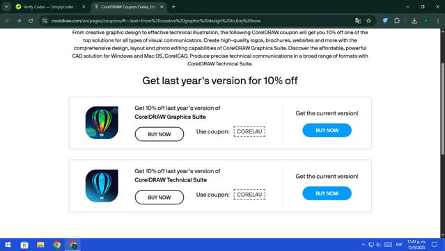 Corel Draw checkout page showing Corel Draw coupon code box | Screenshot taken by SimplyCodes community member on Sep 15, 2025