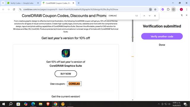 Corel Draw checkout page showing Corel Draw coupon code box | Screenshot taken by SimplyCodes community member on Aug 16, 2025