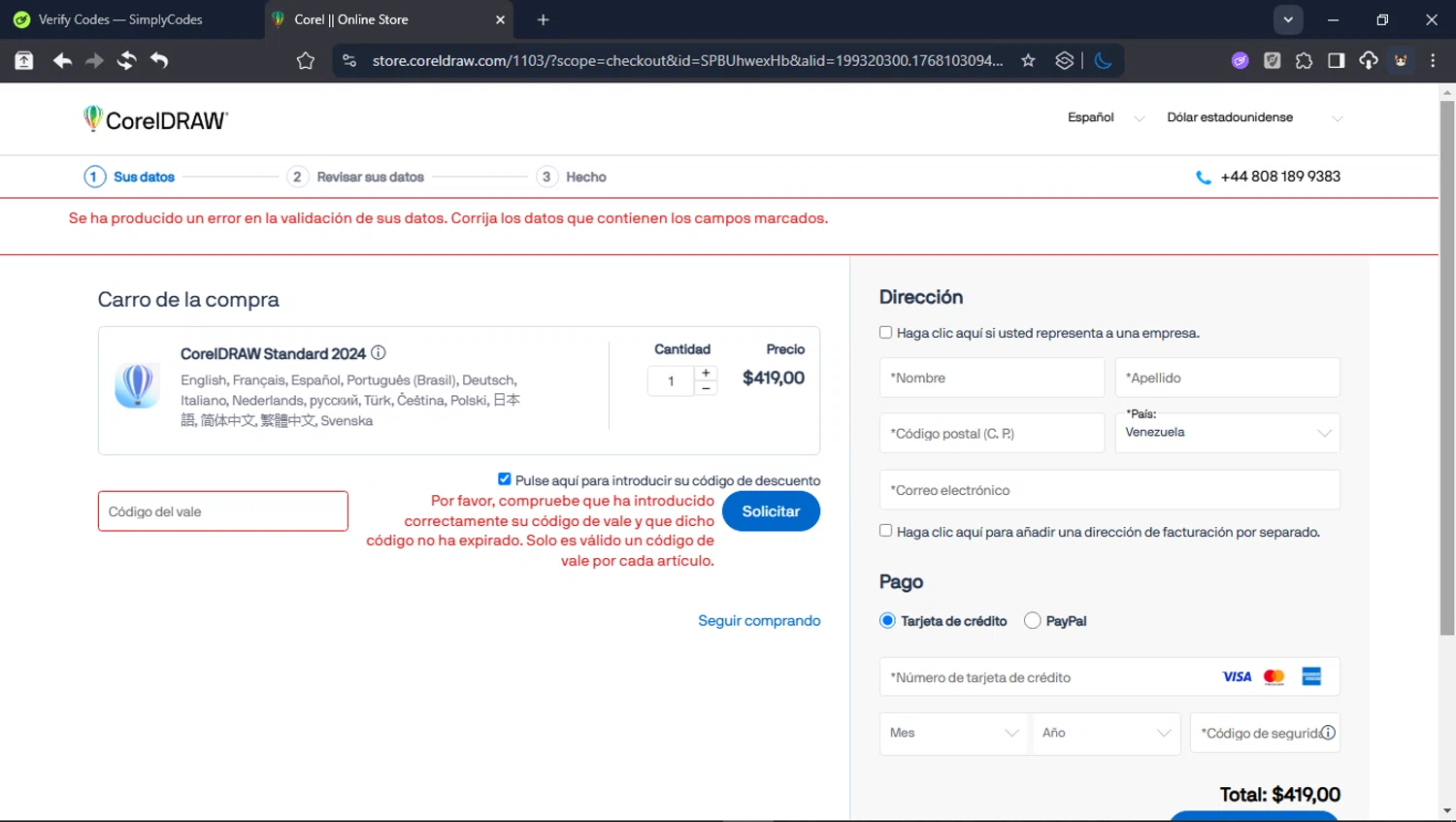 Corel Draw promo code screenshot showing code 5CY5B applied at Corel Draw checkout page. Uploaded by SimplyCodes community member BrilliantTitan6909 on Jan 10, 2026
