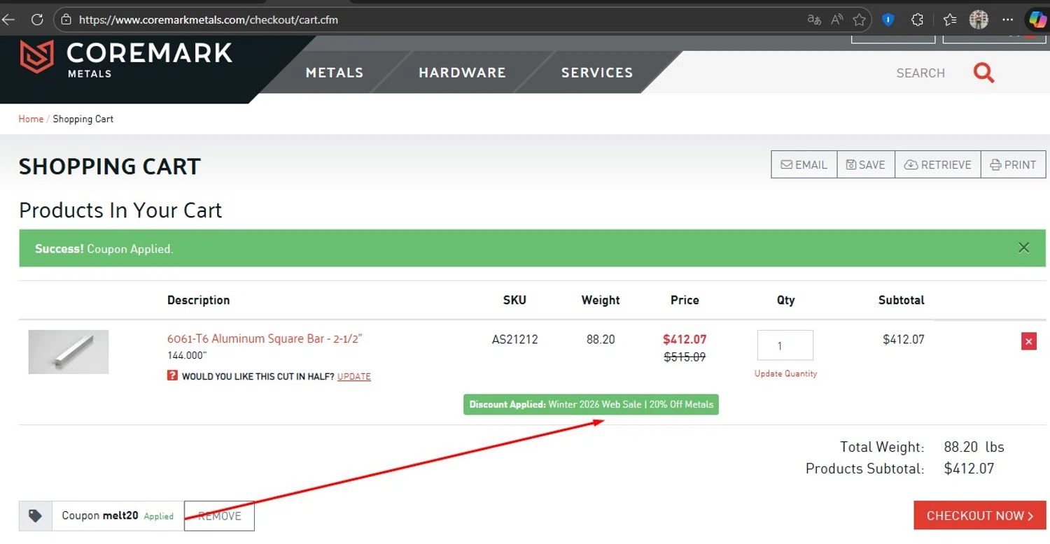 Coremark Metals promo code screenshot showing code melt20 applied at Coremark Metals checkout page. Uploaded by SimplyCodes community member HonestVzla on Feb 3, 2026