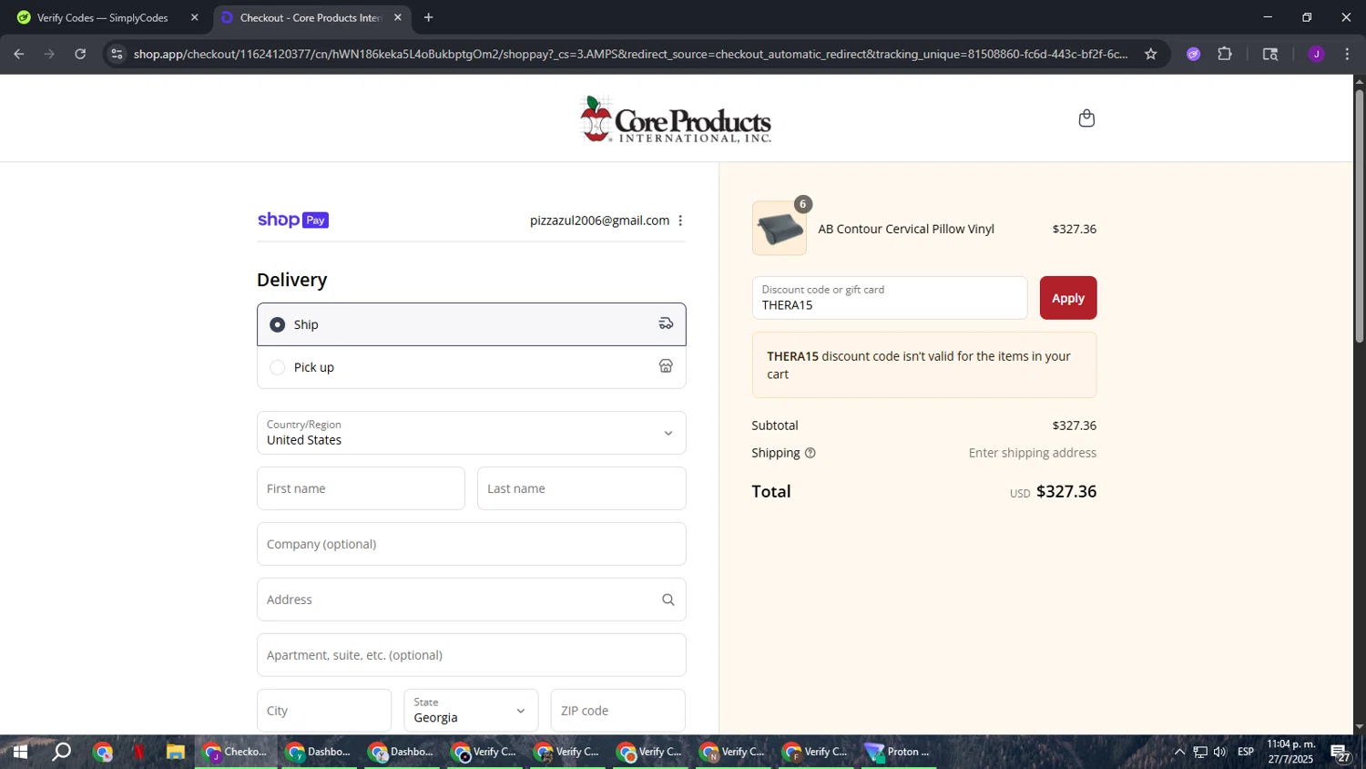 Core Products International discount code screenshot showing code THERA15 applied at Core Products International checkout page. Uploaded by SimplyCodes community member ComeBurra123 on Jul 28, 2025