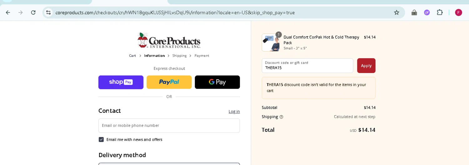 Core Products International discount code screenshot showing code THERA15 applied at Core Products International checkout page. Uploaded by SimplyCodes community member TokenMonarch796 on Jul 28, 2025