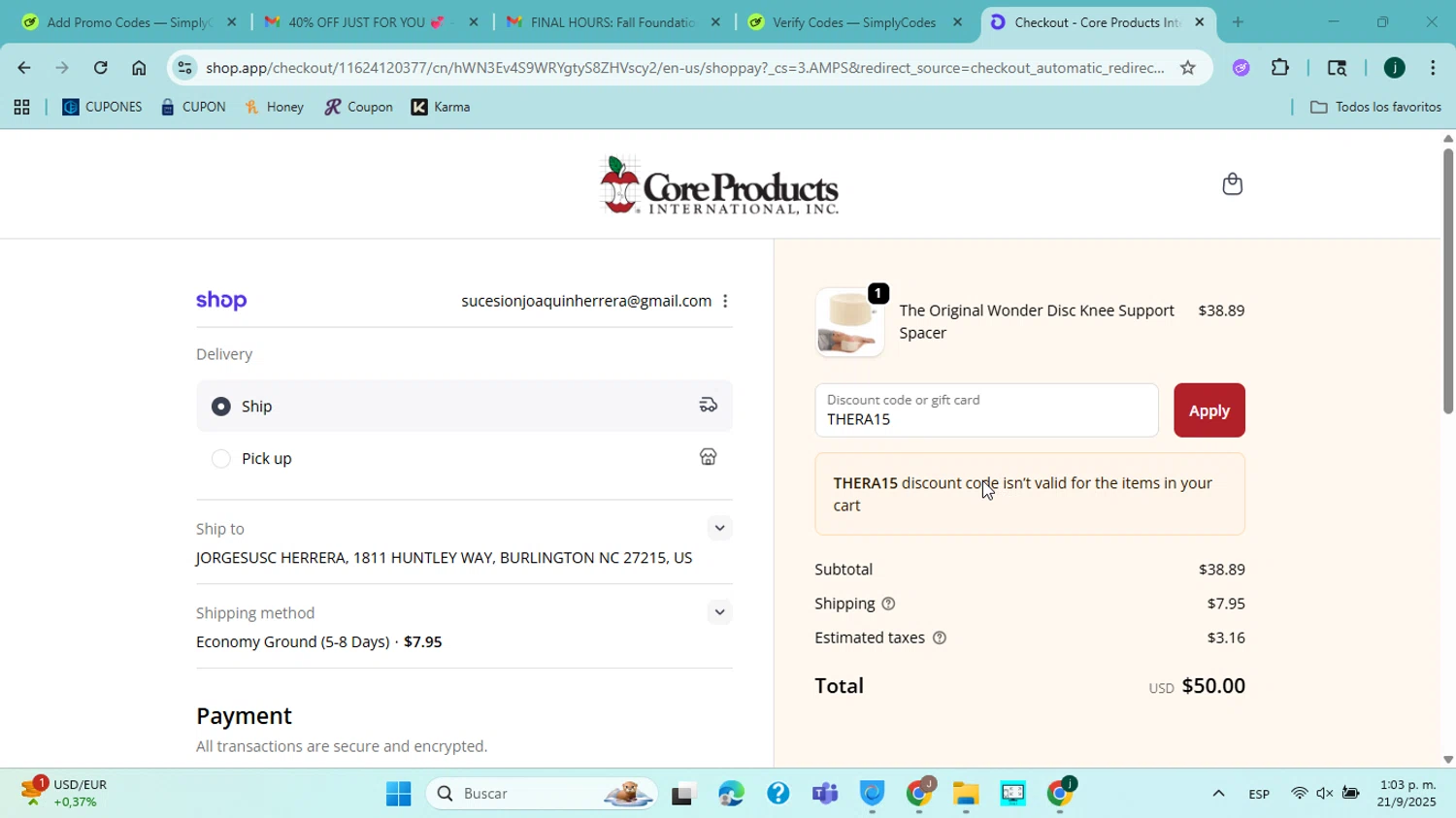 Core Products International discount code screenshot showing code THERA15 applied at Core Products International checkout page. Uploaded by SimplyCodes community member jorgejavierherrera on Sep 21, 2025