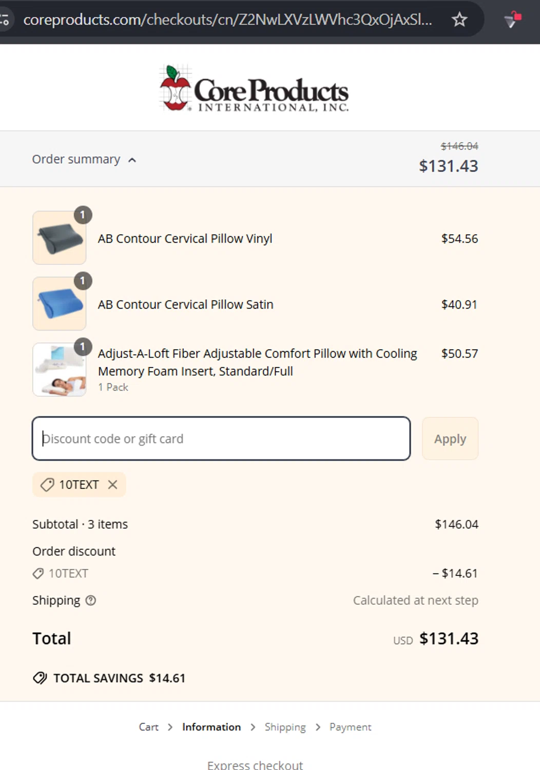 Core Products International discount code screenshot showing code 10TEXT applied at Core Products International checkout page. Uploaded by SimplyCodes community member RafaLB on Apr 20, 2025