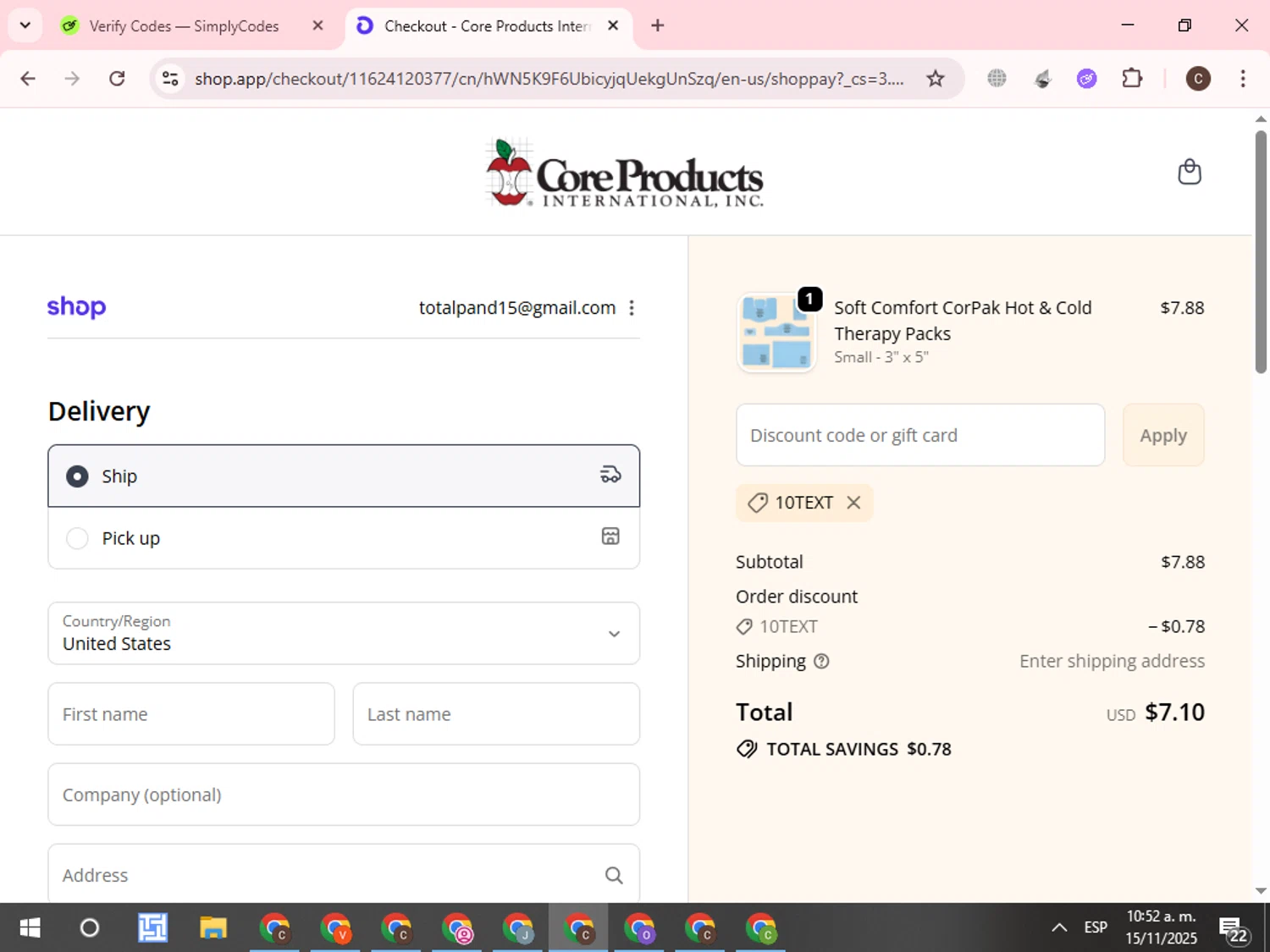 Core Products International discount code screenshot showing code 10TEXT applied at Core Products International checkout page. Uploaded by SimplyCodes community member WonderCurator7831 on Nov 15, 2025