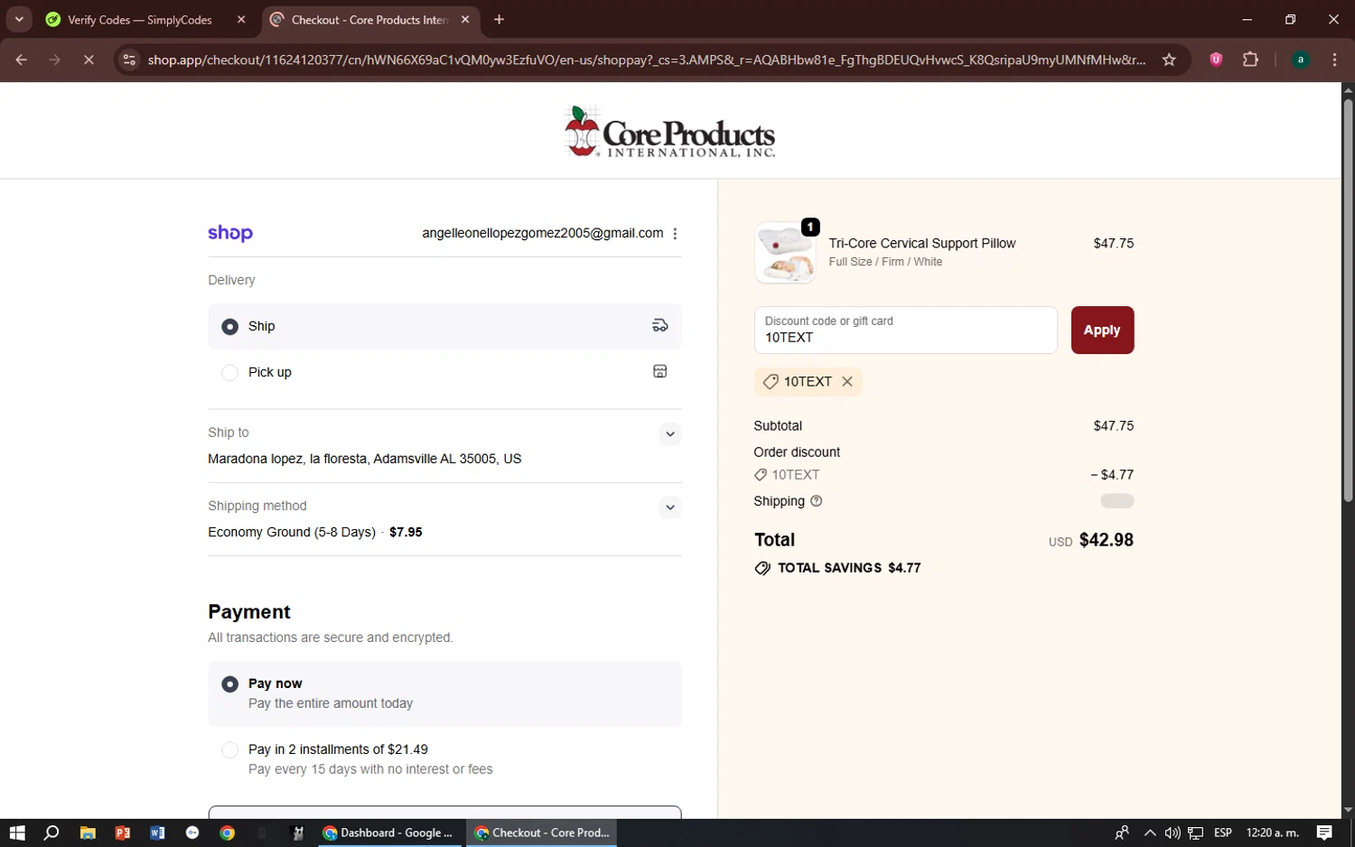 Core Products International discount code screenshot showing code 10TEXT applied at Core Products International checkout page. Uploaded by SimplyCodes community member zizu55 on Dec 6, 2025