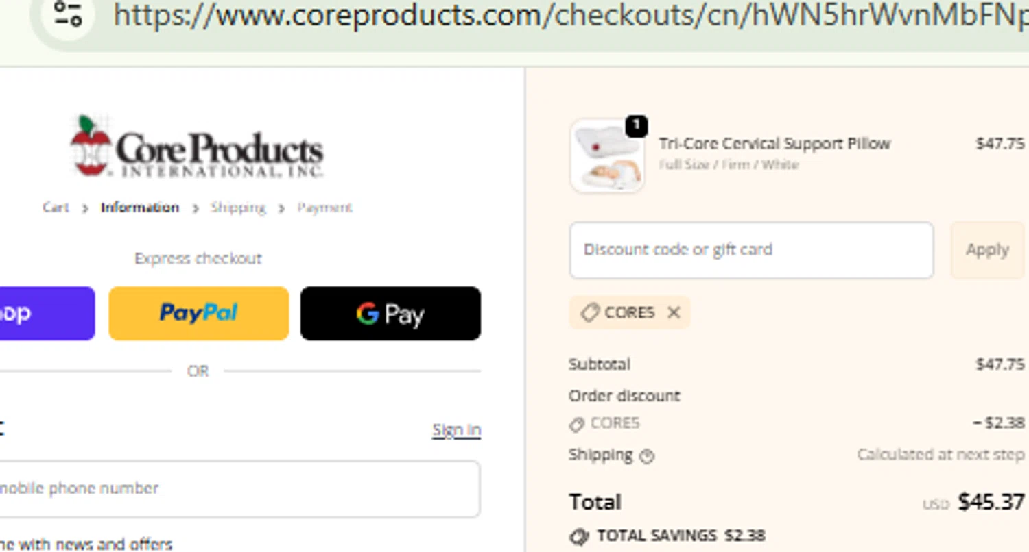 Core Products International discount code screenshot showing code CORE5 applied at Core Products International checkout page. Uploaded by SimplyCodes community member RewardFinder4836 on Nov 25, 2025