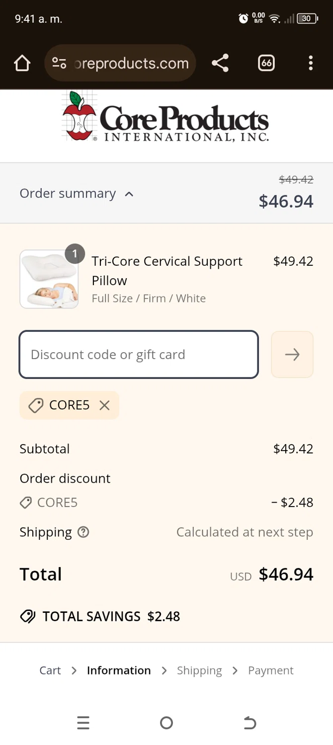 Core Products International discount code screenshot showing code CORE5 applied at Core Products International checkout page. Uploaded by SimplyCodes community member GoshMitico on Apr 9, 2025