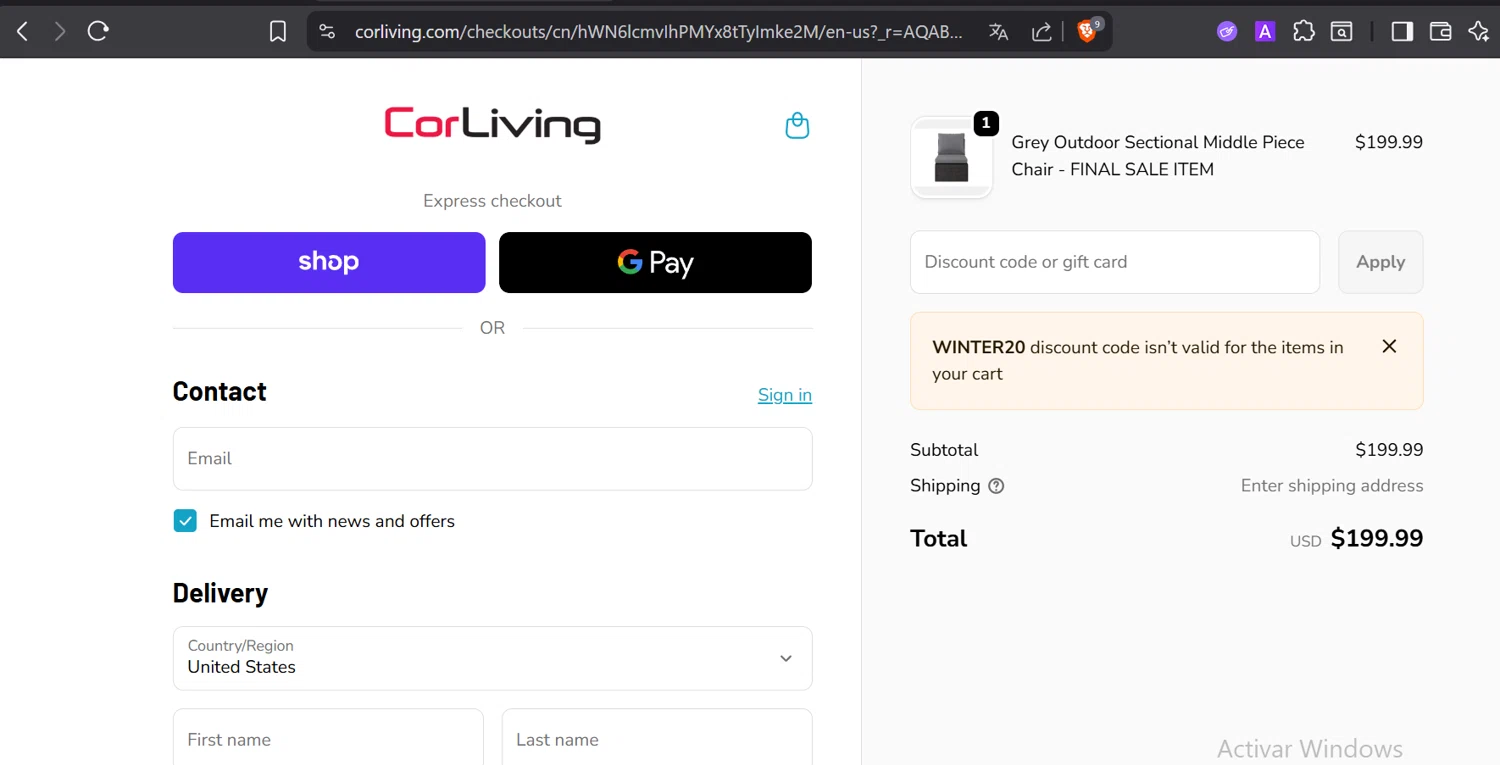 CorLiving discount code screenshot showing code WINTER20 applied at CorLiving checkout page. Uploaded by SimplyCodes community member DiaCritics on Dec 23, 2025