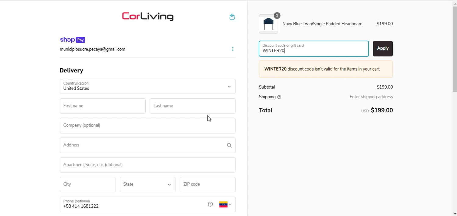 CorLiving discount code screenshot showing code WINTER20 applied at CorLiving checkout page. Uploaded by SimplyCodes community member SucreX on Feb 19, 2025
