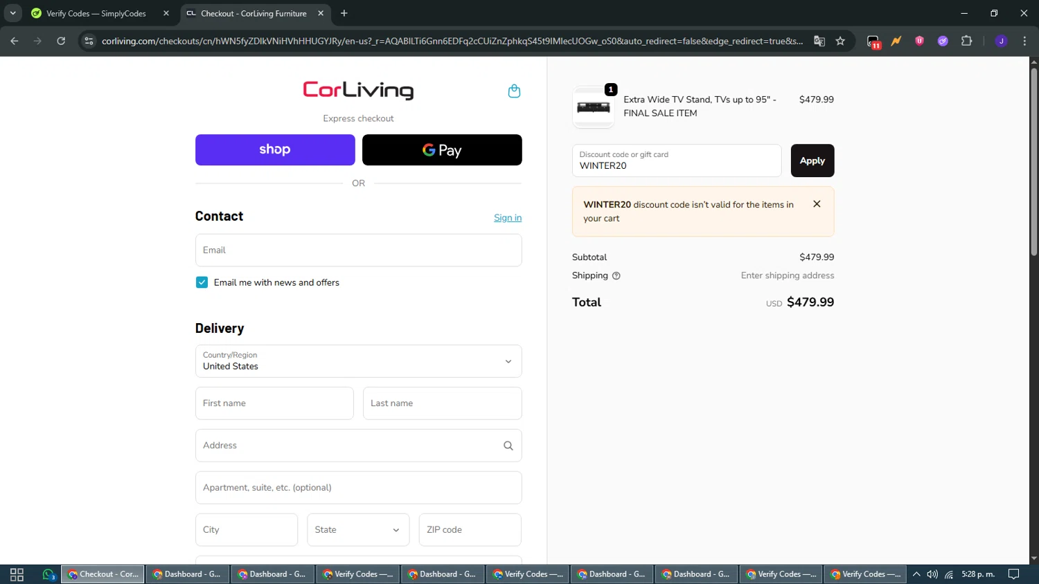 CorLiving discount code screenshot showing code WINTER20 applied at CorLiving checkout page. Uploaded by SimplyCodes community member WiseMaven9968 on Nov 24, 2025