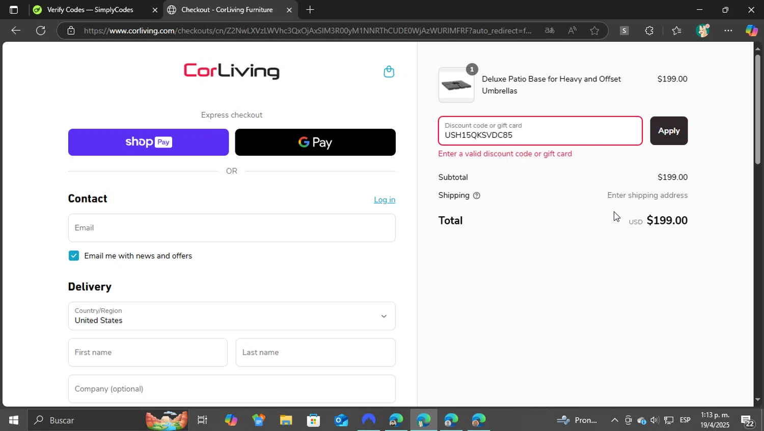 CorLiving discount code screenshot showing code USH15QKSVDC85 applied at CorLiving checkout page. Uploaded by SimplyCodes community member arminarlet on Apr 19, 2025