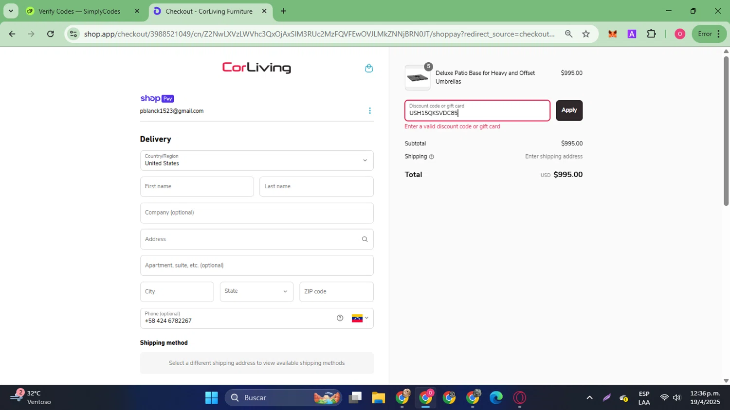 CorLiving discount code screenshot showing code USH15QKSVDC85 applied at CorLiving checkout page. Uploaded by SimplyCodes community member SilverVirtuoso7221 on Apr 19, 2025