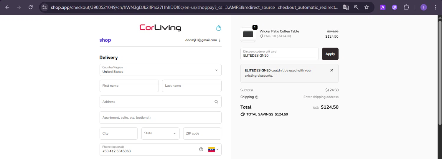 CorLiving discount code screenshot showing code ELITEDESIGN20 applied at CorLiving checkout page. Uploaded by SimplyCodes community member joineds on Oct 3, 2025