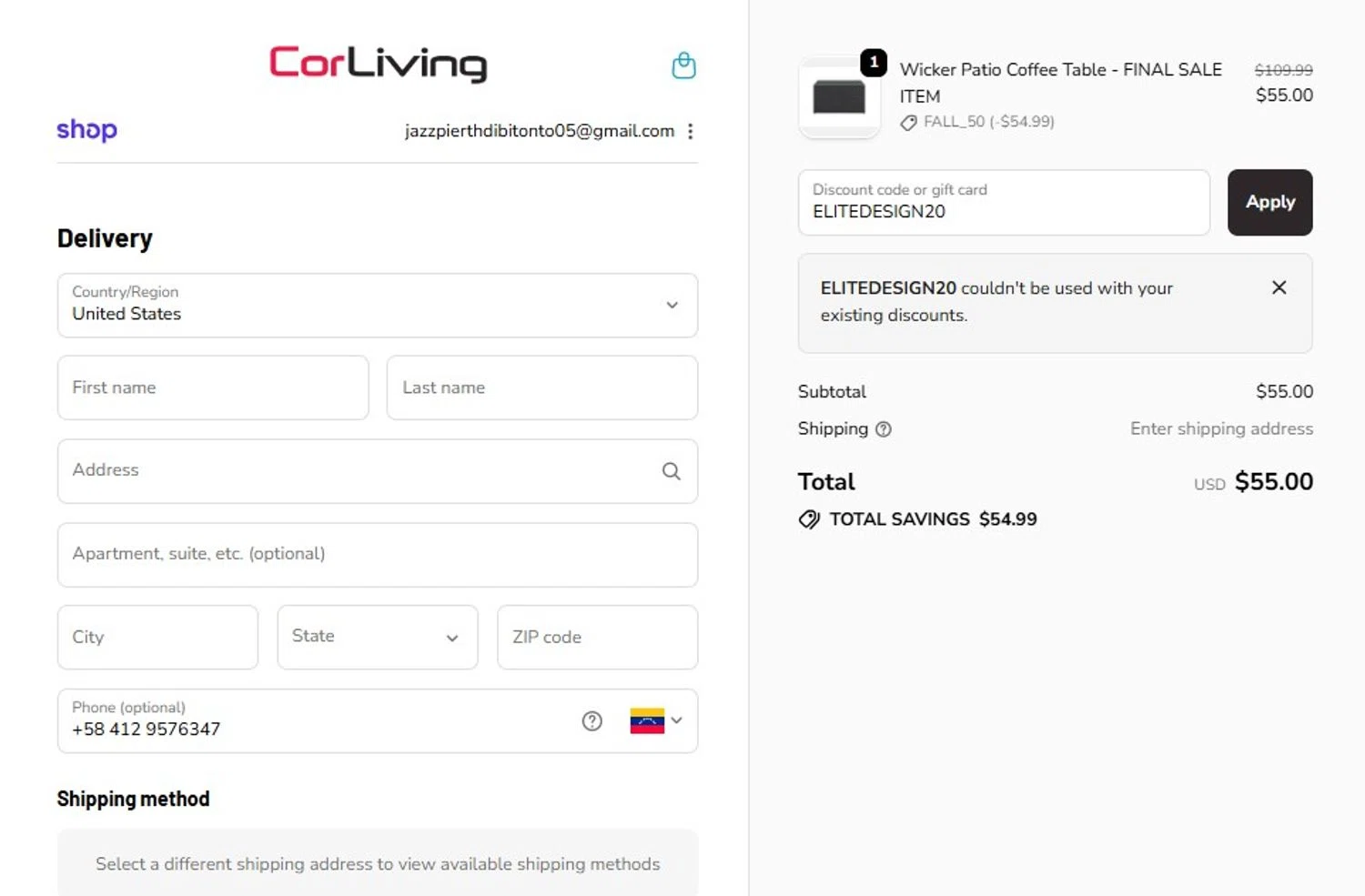 CorLiving discount code screenshot showing code ELITEDESIGN20 applied at CorLiving checkout page. Uploaded by SimplyCodes community member tumdre on Dec 5, 2025