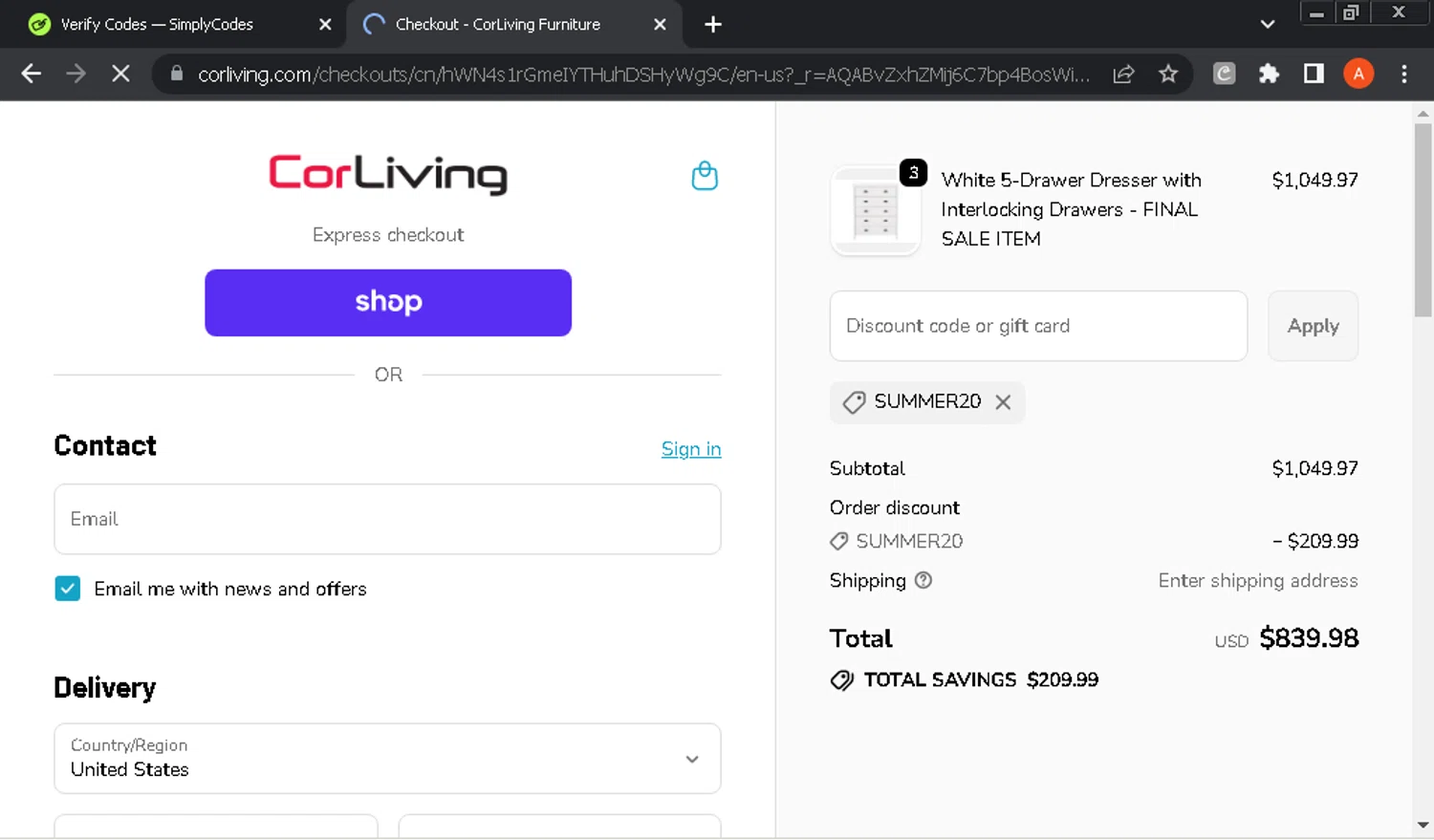 CorLiving discount code screenshot showing code SUMMER20 applied at CorLiving checkout page. Uploaded by SimplyCodes community member GloriousOwl8819 on Nov 3, 2025