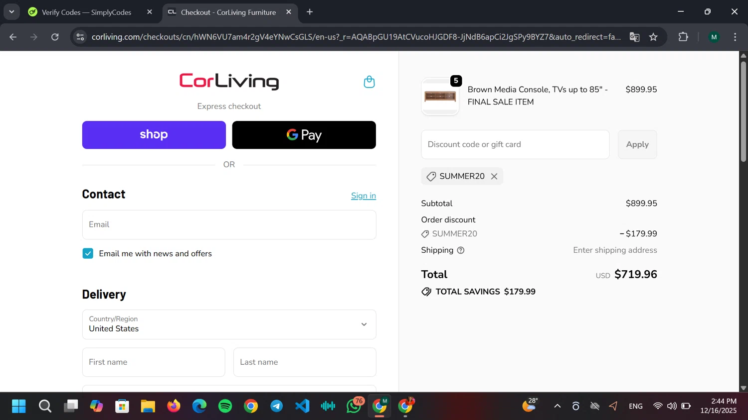 CorLiving discount code screenshot showing code SUMMER20 applied at CorLiving checkout page. Uploaded by SimplyCodes community member JPRJOESTAR on Dec 16, 2025